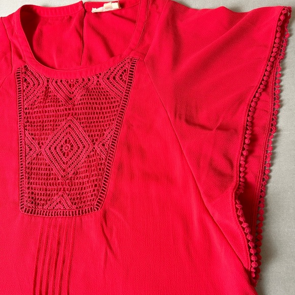 Anthropologie Meadow Rue Blouse Size XS Coral Red Pom Pom - Picture 2 of 6